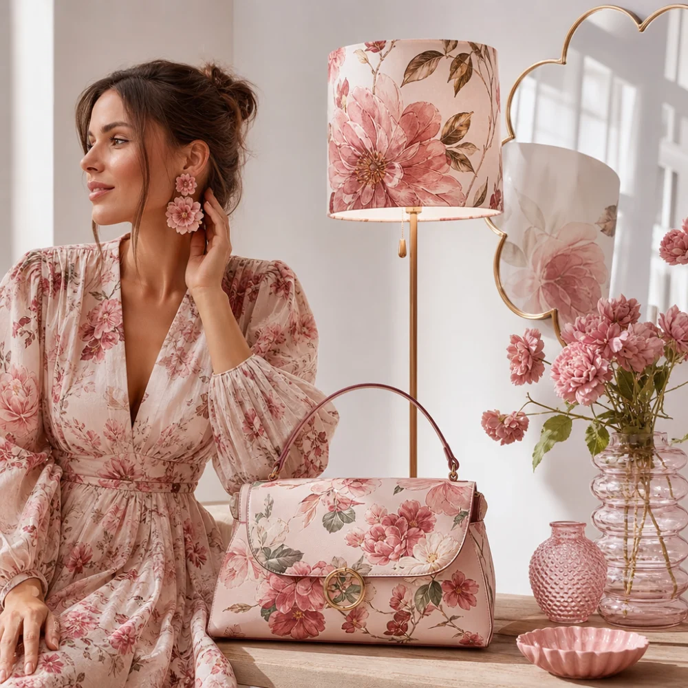 Blumenschmuck und Blumentasche in einer eleganten floralen E-Commerce-Szene