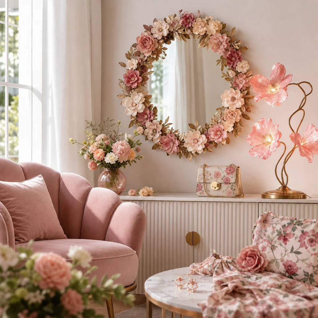 Blumenlampe und Blumenspiegel in einem modernen, eleganten Wohnraum – Blumenschmuck