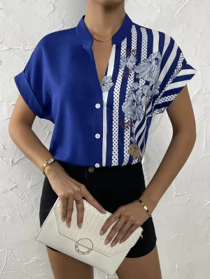 Blau Weiß Gestreifte Bluse Mit Blumen 1