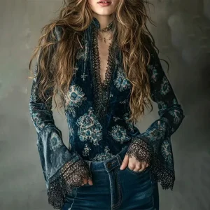 Dunkelblaue Bluse Mit Blumenmuster 1