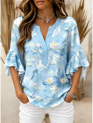 Bluse Hellblau Blumen 1