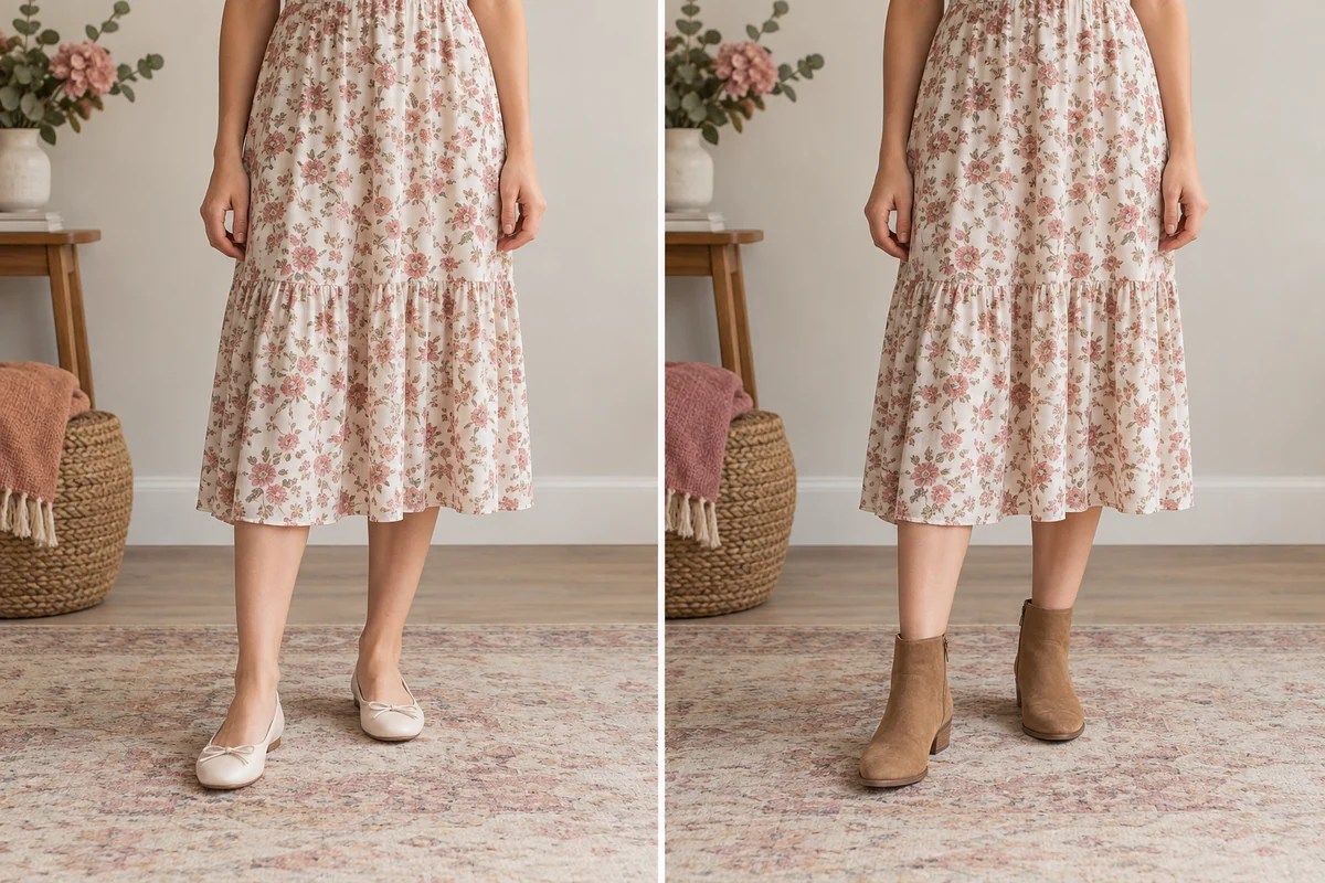 Illustrative Gegenüberstellung eines floralen Midikleids mit flachen Schuhen und Stiefeletten.