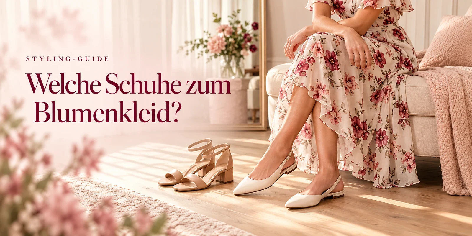 Illustrative Modeszene mit einem floralen Midikleid, hellen flachen Schuhen und einem weiteren Paar Riemchenschuhe